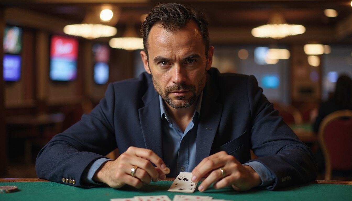 A man in a navy blazer sits intensely focused at a blackjack table in a casino. A man in a navy blazer sits intensely focused at a blackjack table in a casino.