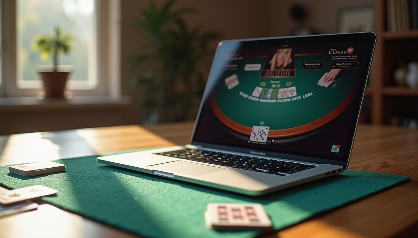A modern laptop displaying online blackjack game on a wooden desk. A modern laptop displaying online blackjack game on a wooden desk.