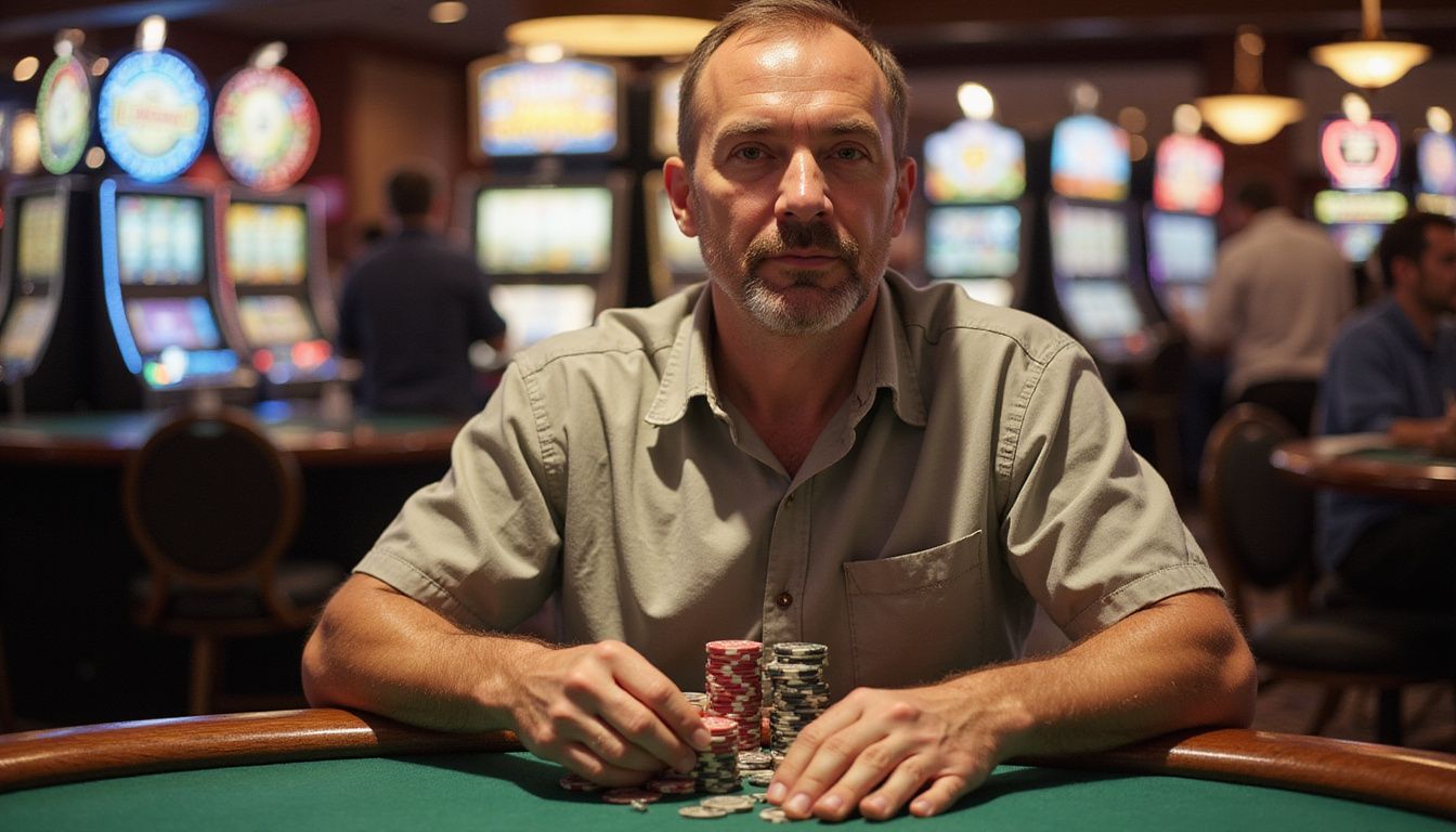 A middle-aged man concentrates on arranging poker chips at a casino. A middle-aged man concentrates on arranging poker chips at a casino.