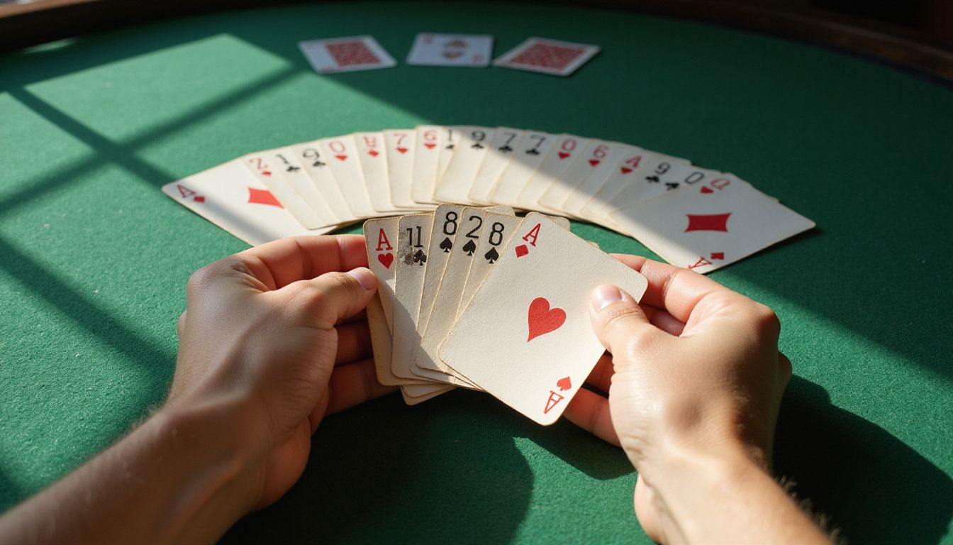 A well-worn deck of playing cards on a blackjack table. A well-worn deck of playing cards on a blackjack table.