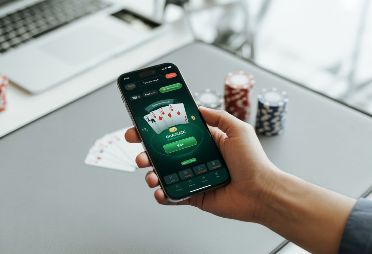 A person holding a smartphone showing a blackjack app screen with cards and betting options, with poker chips and playing cards blurred in the background.