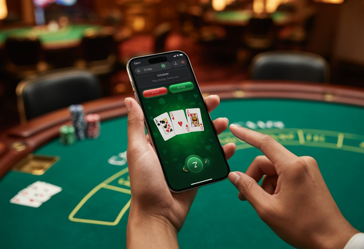 A person holding a smartphone showing a blackjack app screen with cards and chips, set against a blurred casino background.