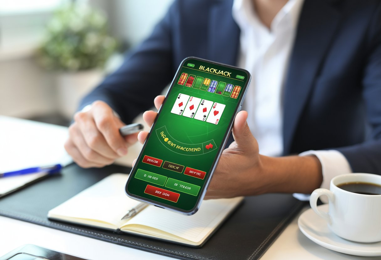 A person holding a smartphone showing a blackjack app with cards and chips on the screen at a desk with a notebook and coffee cup.