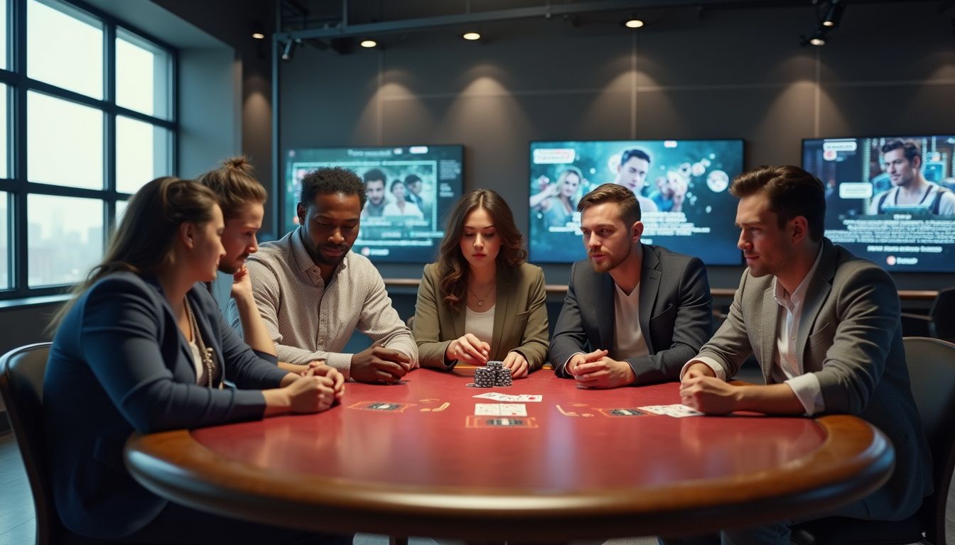 A group of adults playing a blackjack game in a modern casino studio. A group of adults playing a blackjack game in a modern casino studio.