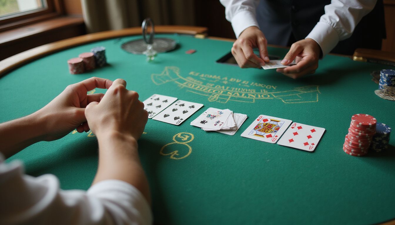 A high-resolution photo of a casino blackjack game in progress. A high-resolution photo of a casino blackjack game in progress.