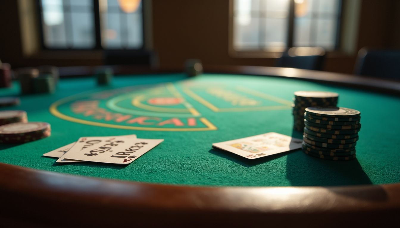 A casino table with playing cards, poker chips, and a Free Bet Blackjack sign. A casino table with playing cards, poker chips, and a Free Bet Blackjack sign.