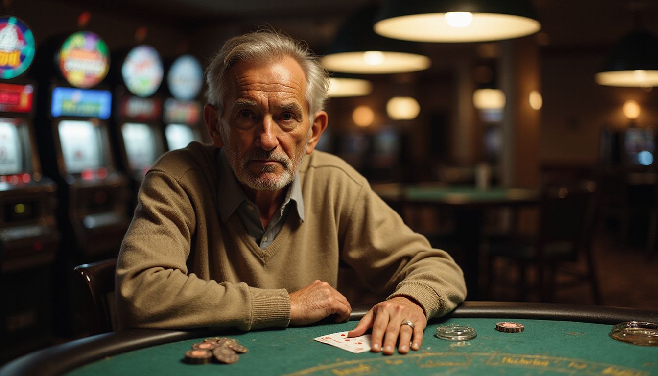 An elderly man plays blackjack at a worn table in a casino. An elderly man plays blackjack at a worn table in a casino.